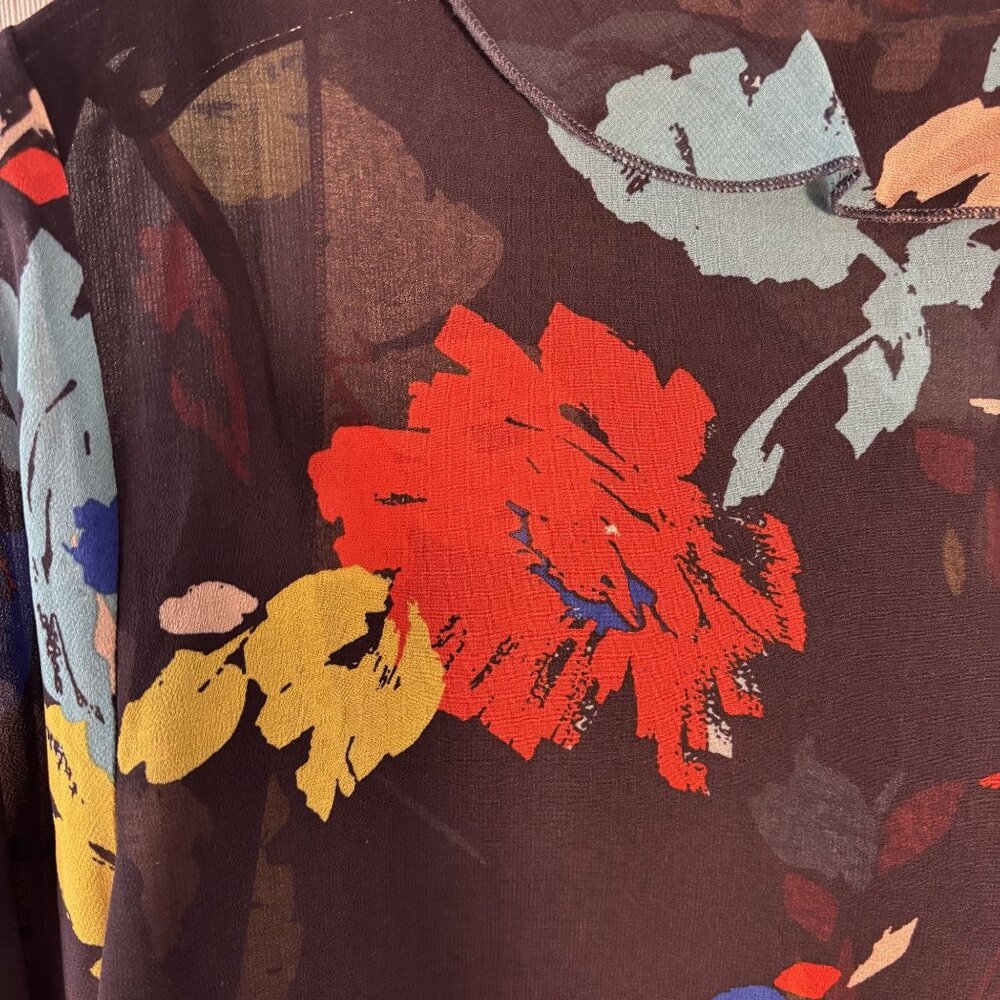 Cabi Floral Long-Sleeve Sheer Blouse With Tie Neck & Elastic Cuffs Womens Size M - Picture 7 of 10